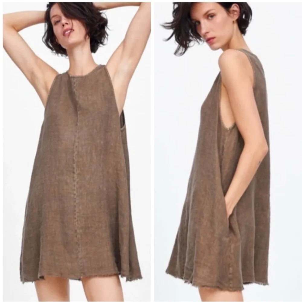 Zara Linen Crinkled Sleeveless Relaxed Mini Dress Boho Neutral Beachy Lagenlook - Picture 2 of 12